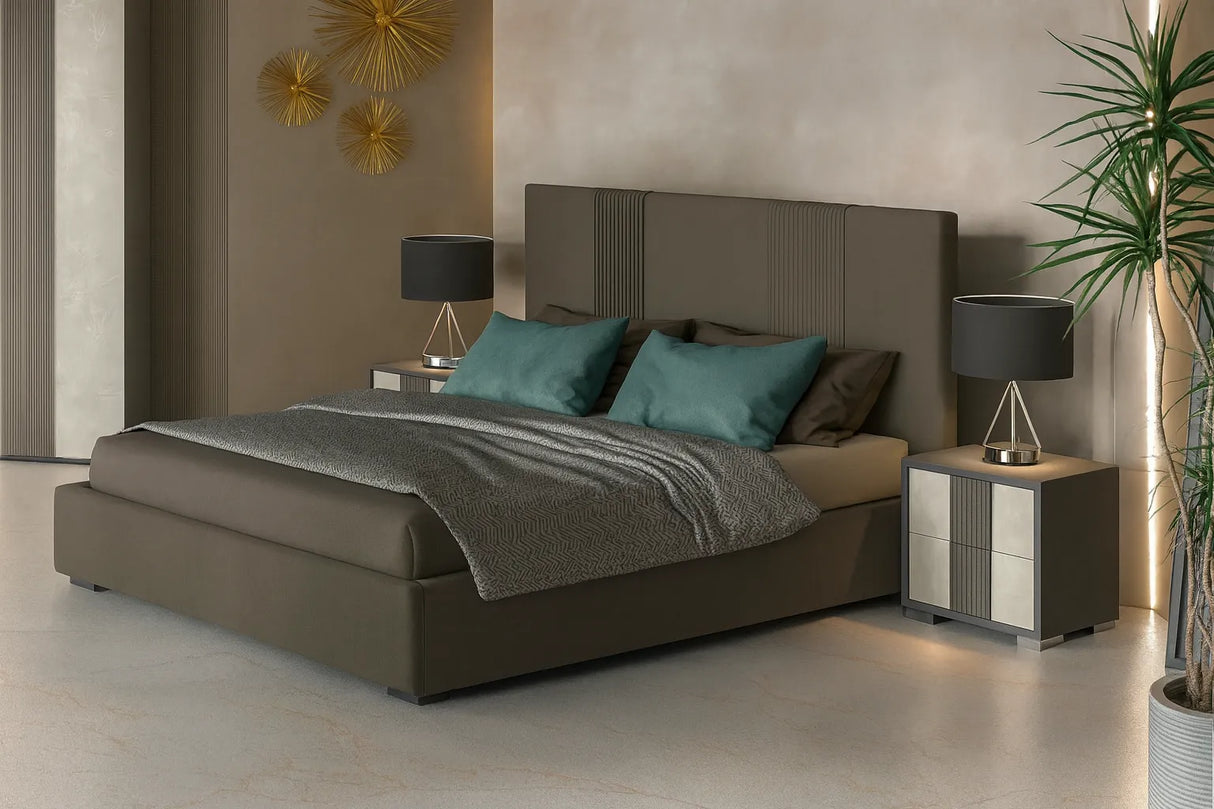 Camera da letto moderna Alba con letto contenitore e armadio antracite con frontali spatolati