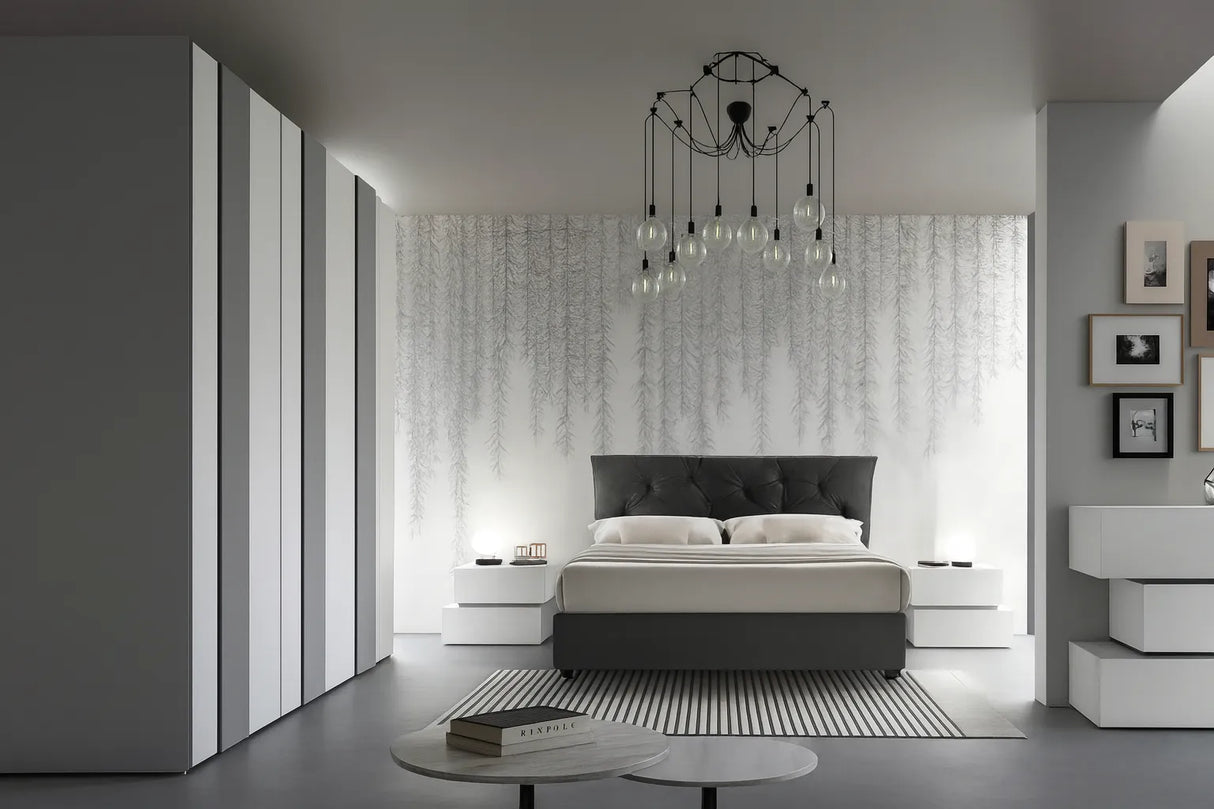 Camera da letto moderna Ancona in finitura cemento bianco e grigio con letto contenitore