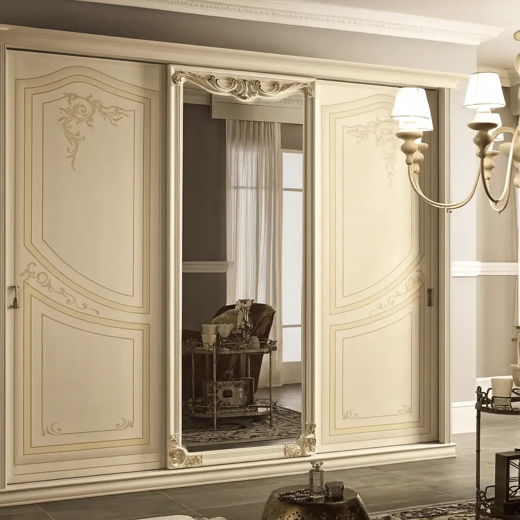 Camera da Letto siracusa patinato beige con letto contenitore e dettagli dorati – Europa Mobili