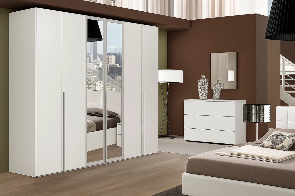 Camera da Letto Casablanca Bianca con contenitore, finitura bianco frassinato e testiera in ecopelle – Europa Mobili