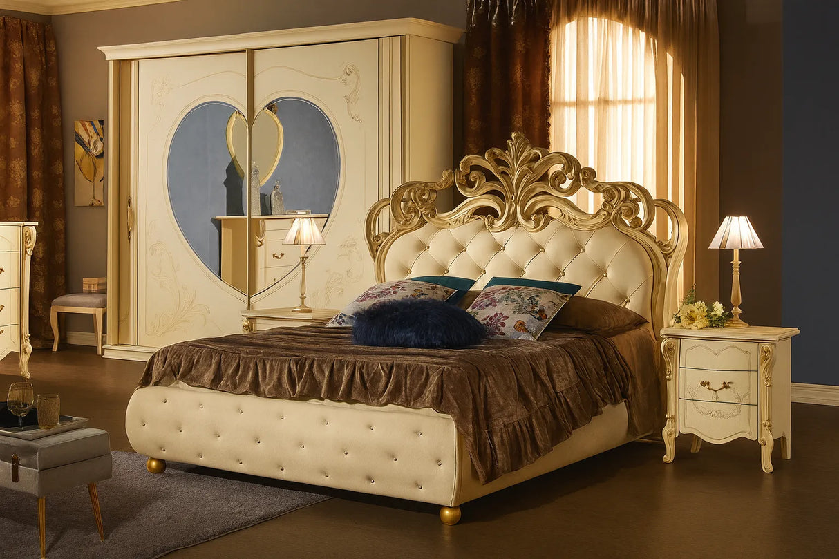 Camera da Letto Catania patinato beige con letto contenitore e armadio a cuore – Europa Mobili