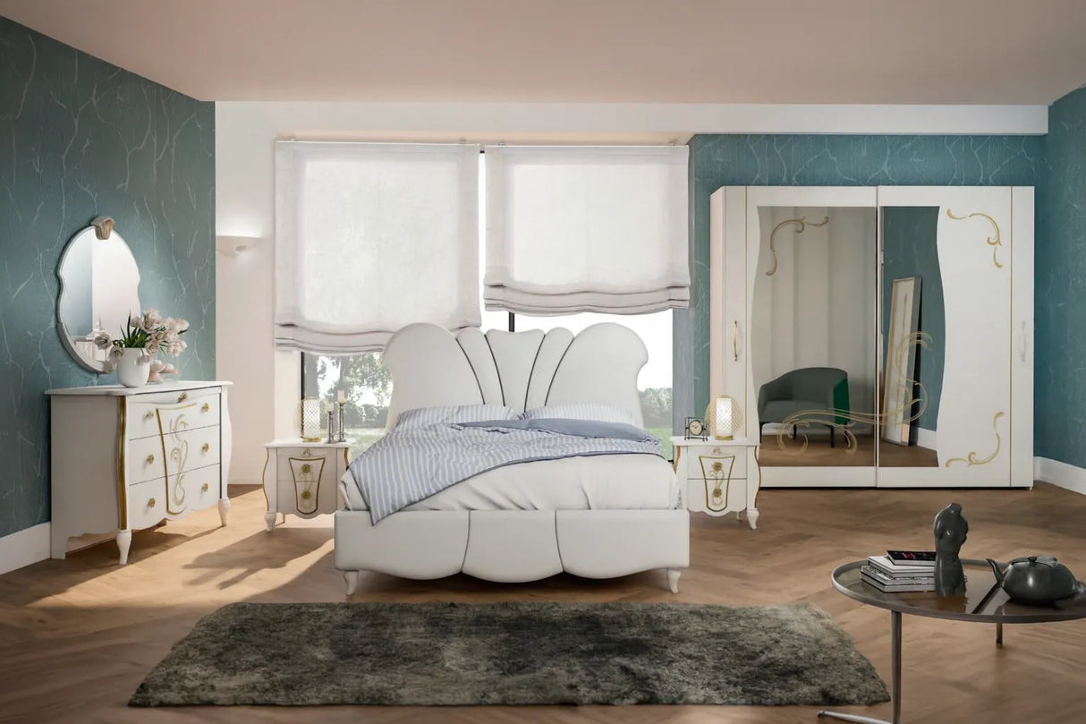 Camera da Letto Cracovia in bianco e oro con letto contenitore e armadio decorato – Europa Mobili
