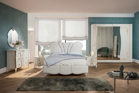 Camera da Letto Cracovia in bianco e oro con letto contenitore e armadio decorato – Europa Mobili