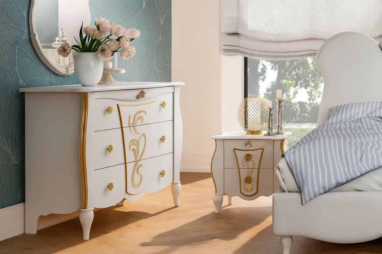 Camera da Letto Cracovia in bianco e oro con letto contenitore e armadio decorato – Europa Mobili