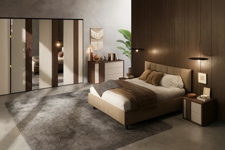 Camera da letto moderna Dubai con letto contenitore e armadio battente finitura noce e canapa frassinato con specchi