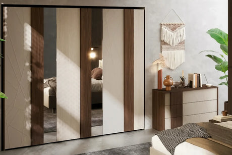 Camera da letto moderna Dubai con letto contenitore e armadio battente finitura noce e canapa frassinato con specchi