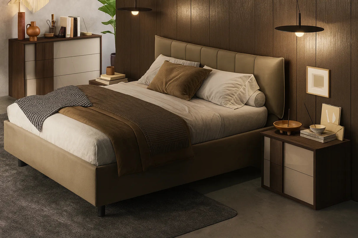 Camera da letto moderna Dubai con letto contenitore e armadio battente finitura noce e canapa frassinato con specchi