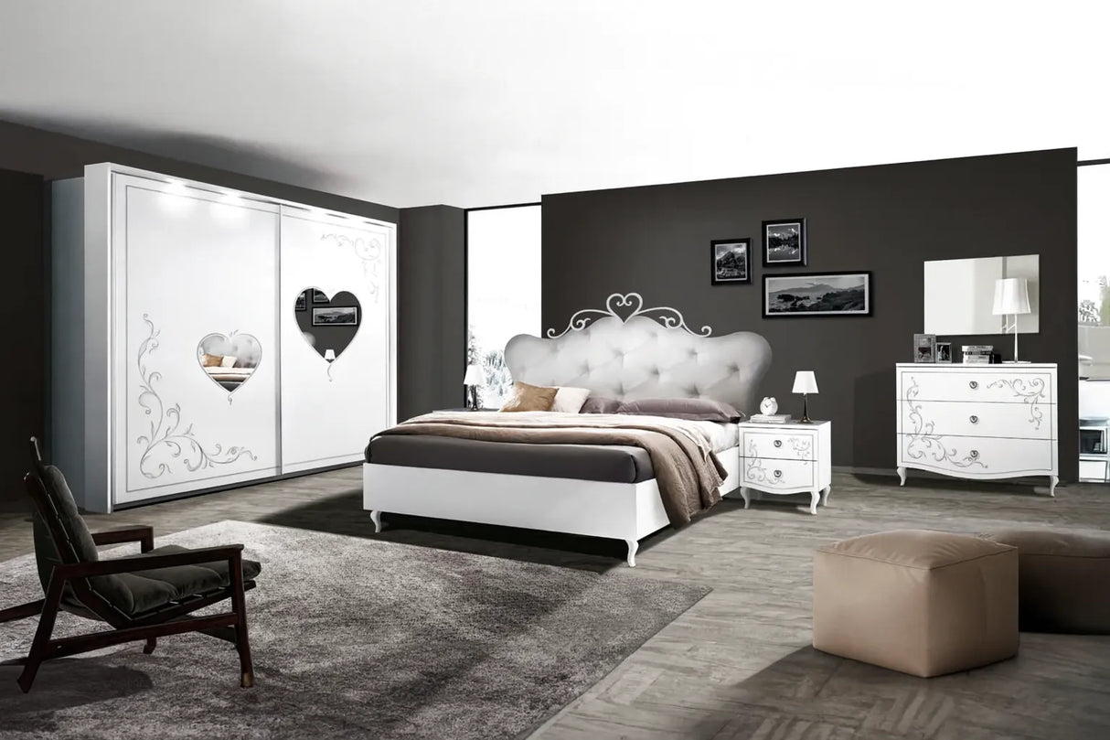 Camera da Letto Dublino Bianca con o senza contenitore, finitura bianco frassinato con serigrafia argento – Europa Mobili