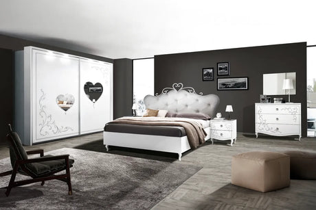 Camera da Letto Dublino Bianca con o senza contenitore, finitura bianco frassinato con serigrafia argento – Europa Mobili