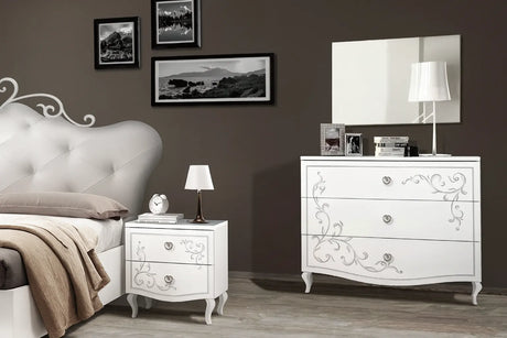 Camera da Letto Dublino Bianca con o senza contenitore, finitura bianco frassinato con serigrafia argento – Europa Mobili