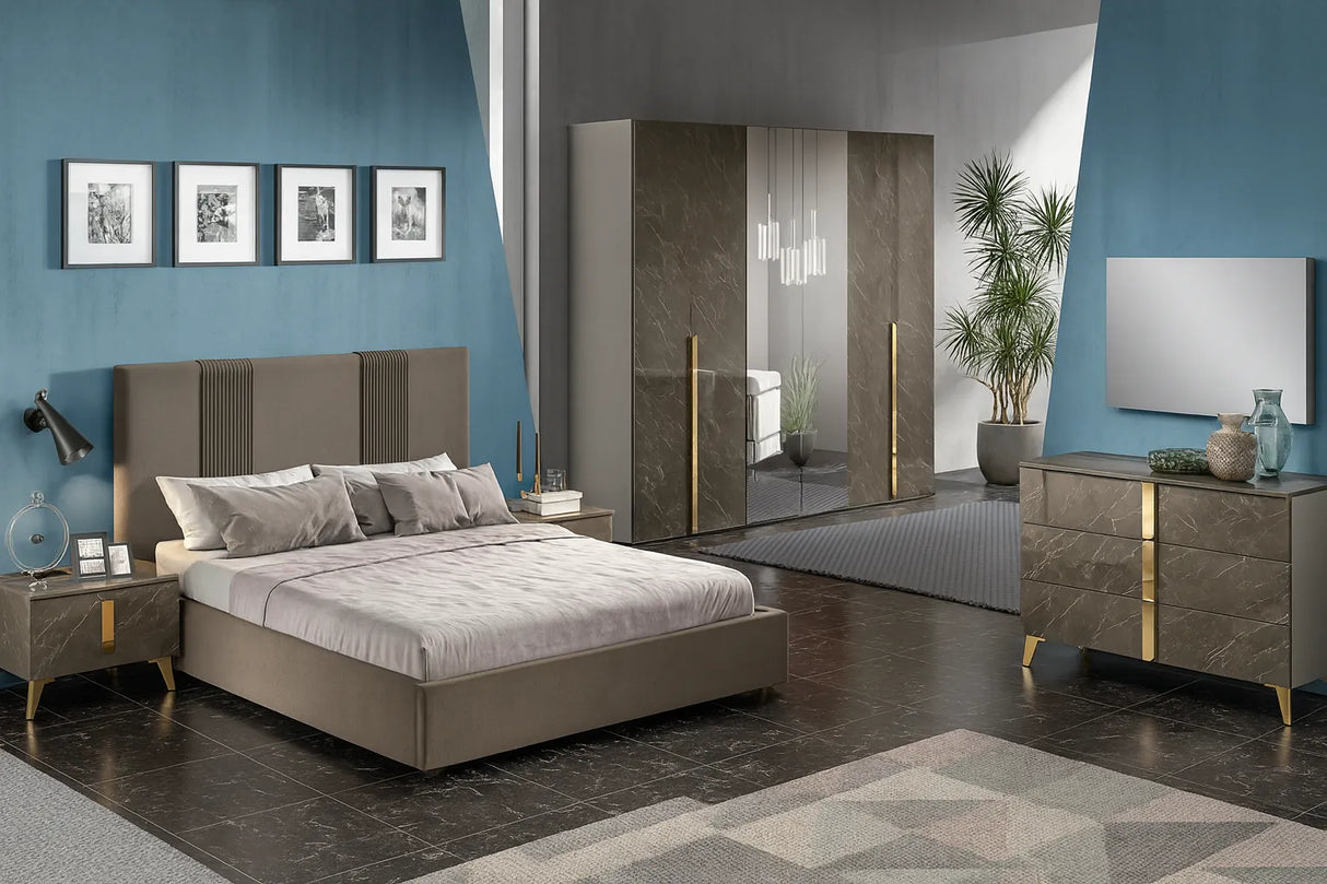 Camera da letto moderna Edimburgo con letto contenitore e finiture marmo scuro e oro