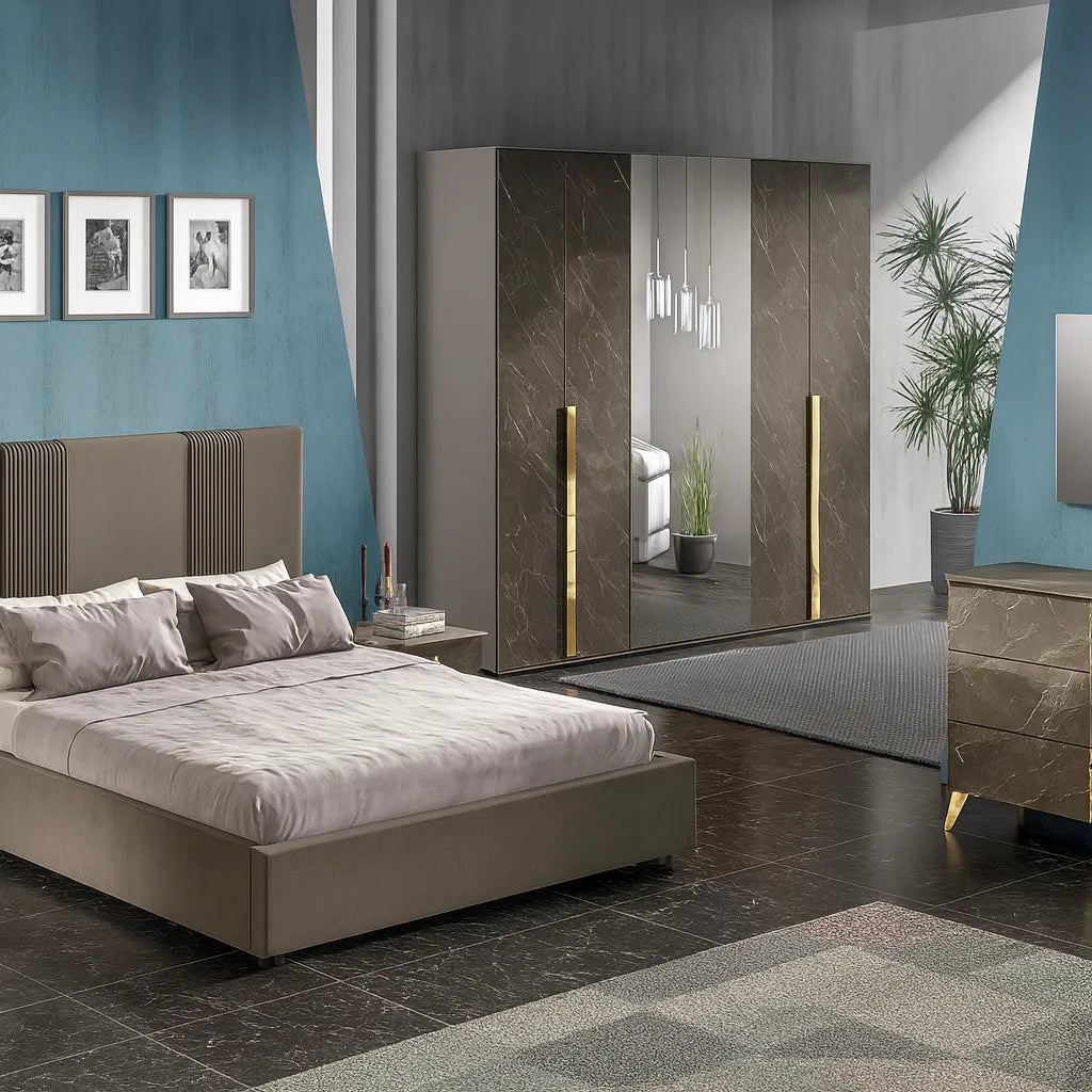 Camera da letto moderna Edimburgo con letto contenitore e finiture marmo scuro e oro