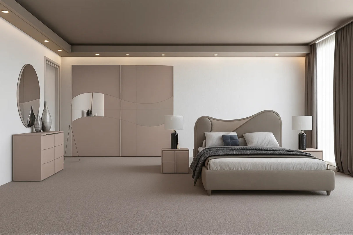 Camera da letto moderna FIRENZE con letto contenitore e armadio scorrevole laccato visone con specchi