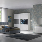 Camera da letto moderna leon con letto contenitore e finitura bianco frassinato con dettagli argento