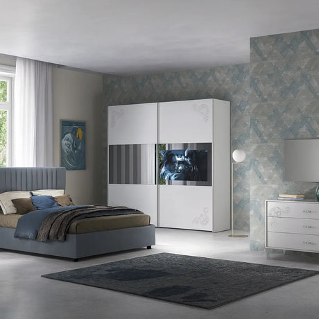 Camera da letto moderna leon con letto contenitore e finitura bianco frassinato con dettagli argento