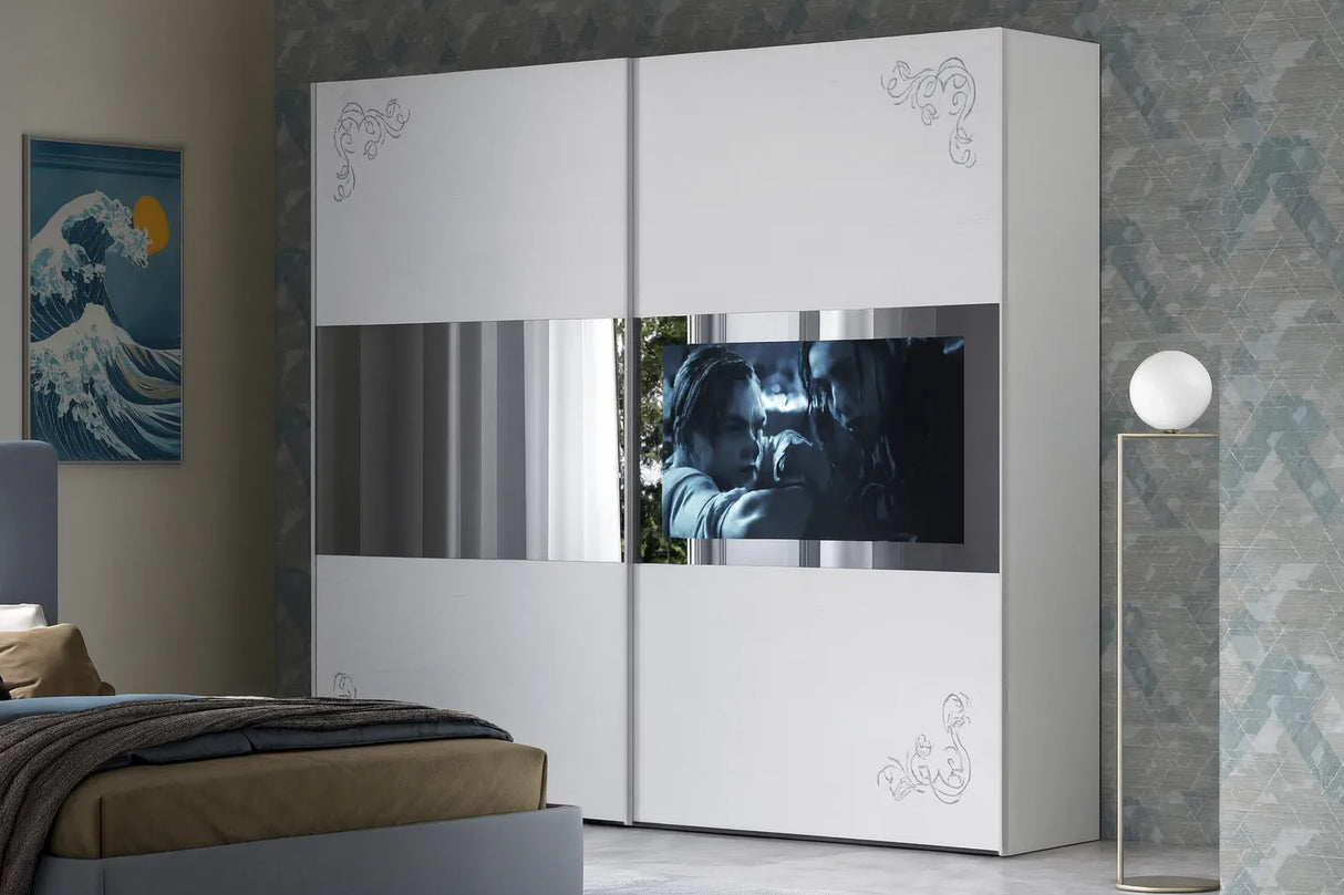 Camera da letto moderna leon con letto contenitore e finitura bianco frassinato con dettagli argento