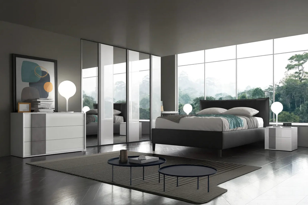 Camera da letto moderna Lussemburgo in bianco lucido e cemento con letto contenitore e armadio con specchi