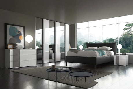 Camera da letto moderna Lussemburgo in bianco lucido e cemento con letto contenitore e armadio con specchi