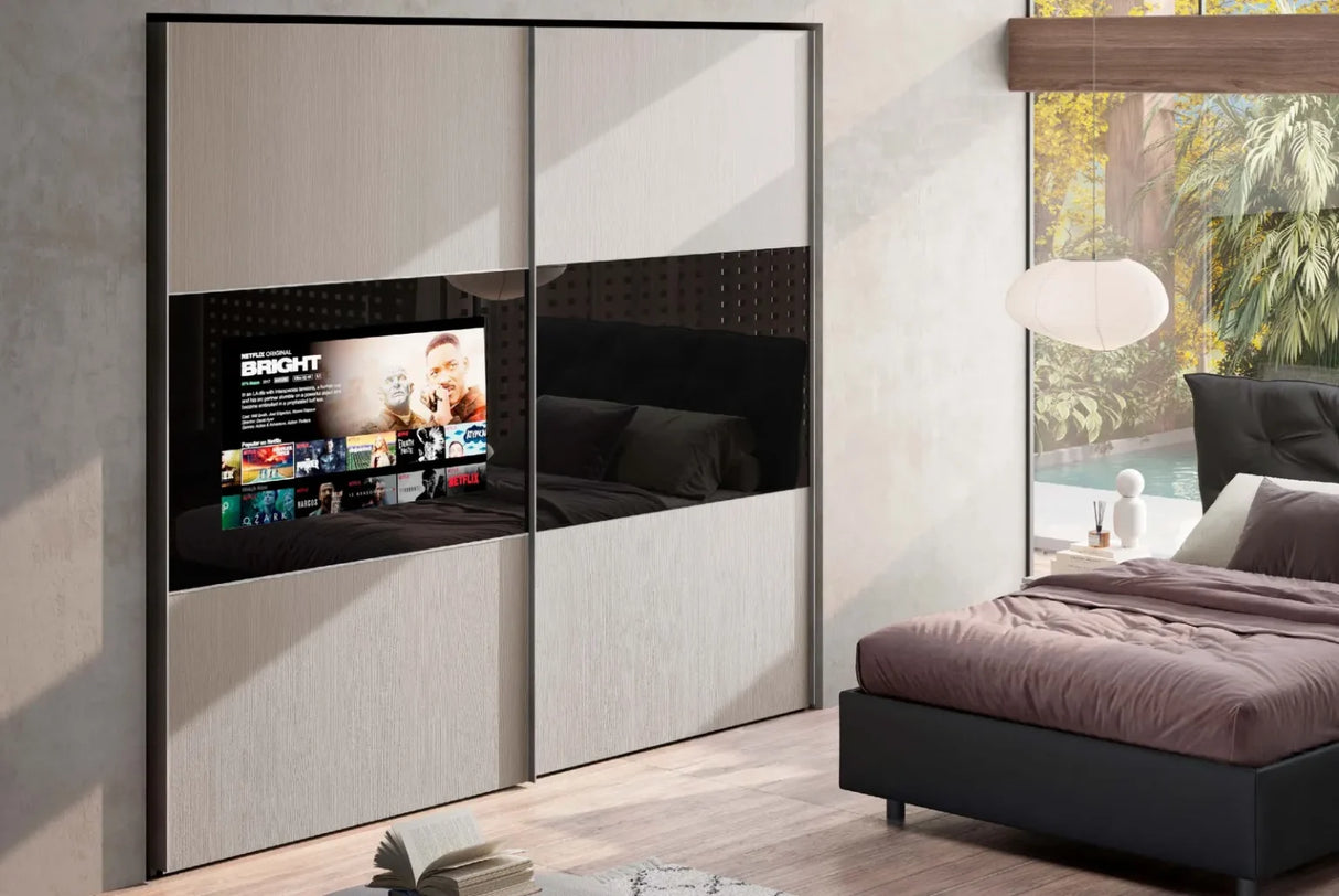 Camera da letto moderna Madrid con letto contenitore e armadio scorrevole con vano TV integrato