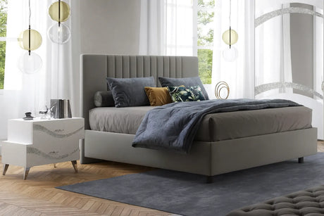 Camera da letto moderna Malta Bianca con letto contenitore e dettagli glitter argento