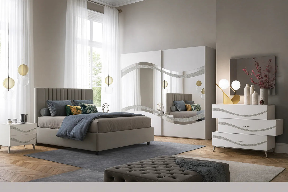 Camera da letto moderna Malta Bianca con letto contenitore e dettagli glitter argento