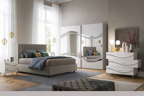 Camera da letto moderna Malta Bianca con letto contenitore e dettagli glitter argento