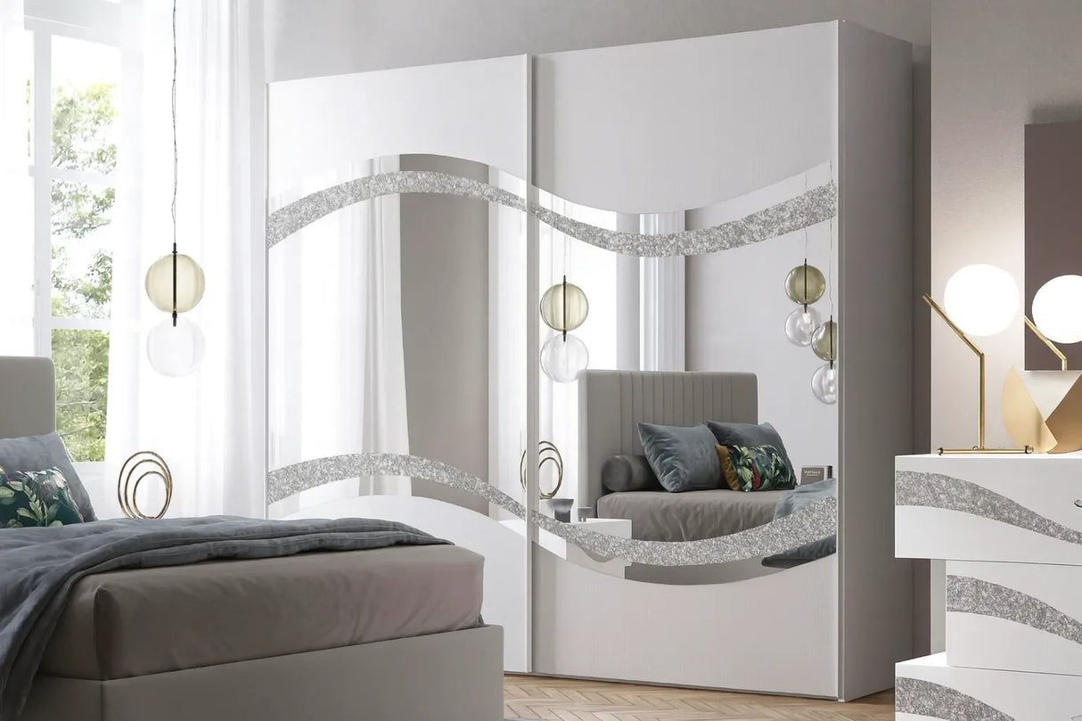 Camera da letto moderna Malta Bianca con letto contenitore e dettagli glitter argento