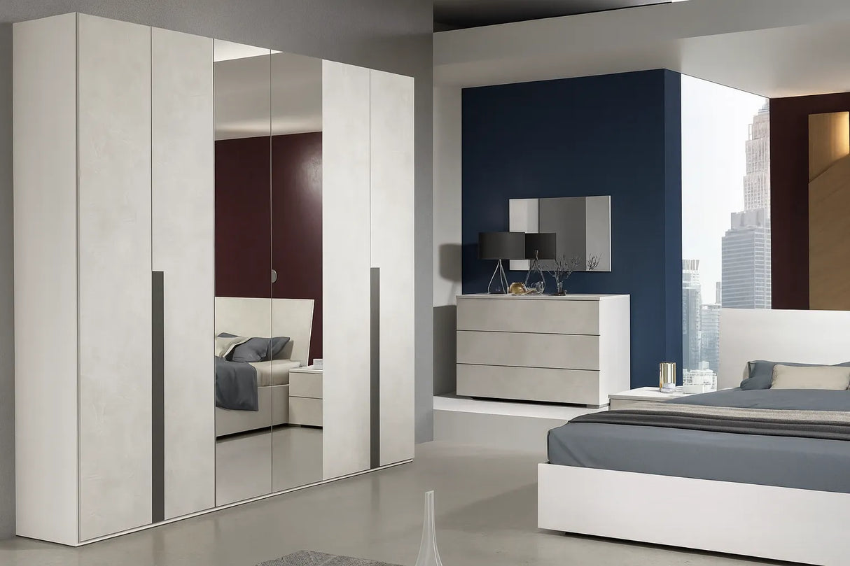 Camera da Letto Monaco in frassino bianco e cemento con armadio scorrevole e design moderno – Europa Mobili
