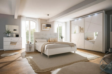 Camera da letto moderna Montecarlo con letto contenitore e armadio bianco frassino con specchi e faretti