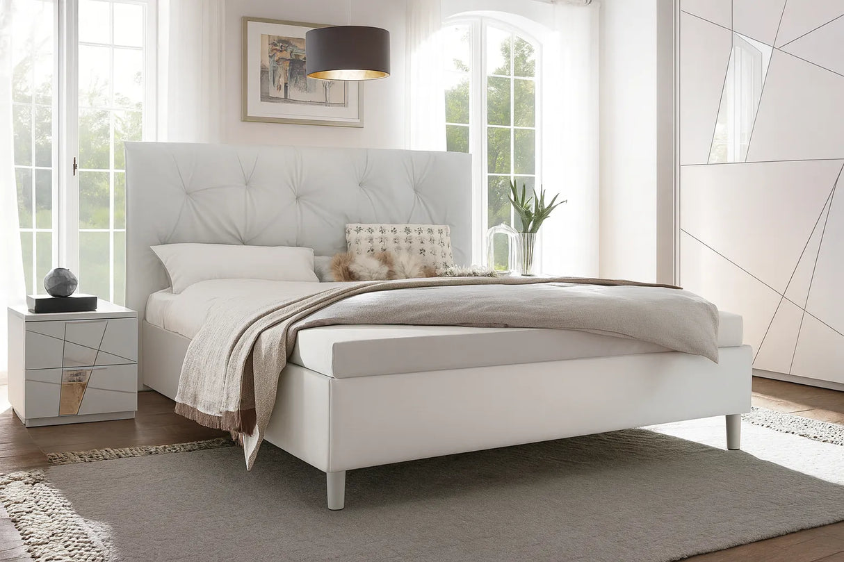 Camera da letto moderna Montecarlo con letto contenitore e armadio bianco frassino con specchi e faretti