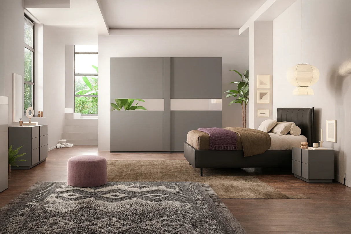 Camera da letto moderna Oslo con letto contenitore e armadio scorrevole grigio ardesia con specchi