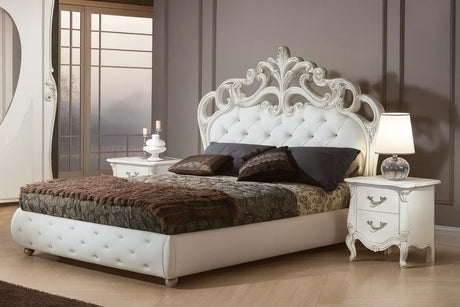 Camera da Letto Ragusa in bianco larix con contenitore, testiera capitonné e armadio decorato – Europa Mobili