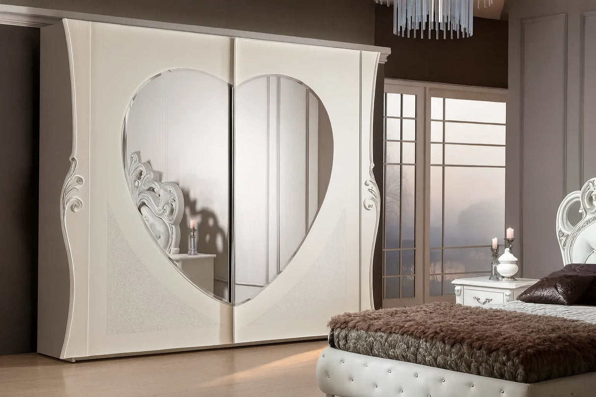 Camera da Letto Ragusa in bianco larix con contenitore, testiera capitonné e armadio decorato – Europa Mobili