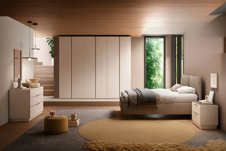 Camera da letto moderna Sakura con letto contenitore e armadio battente cachemire con maniglie antracite