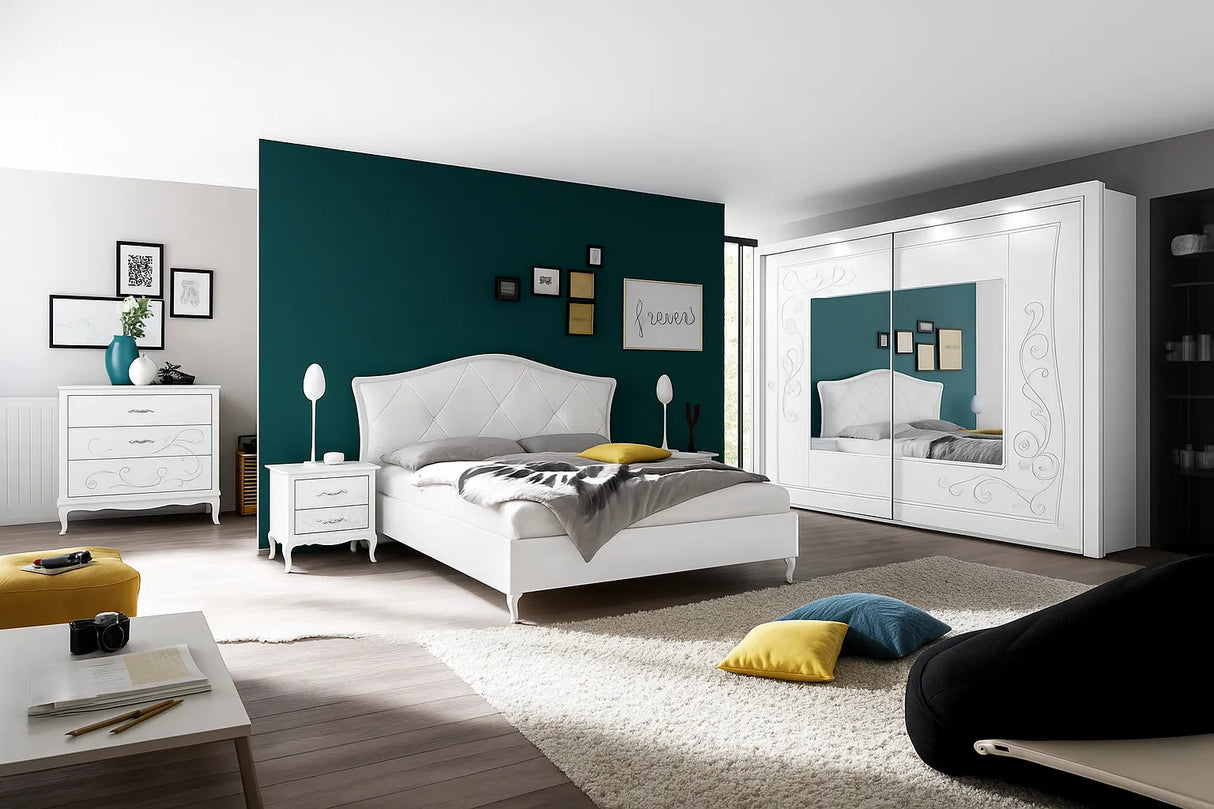 Camera da Letto Singapore Bianca con o senza contenitore, finitura bianco frassinato e serigrafia argento – Europa Mobili