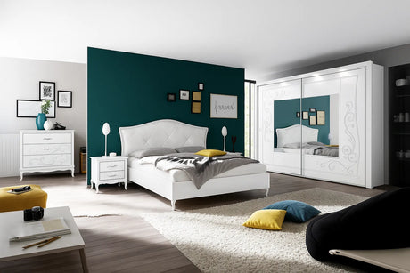 Camera da Letto Singapore Bianca con o senza contenitore, finitura bianco frassinato e serigrafia argento – Europa Mobili