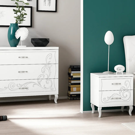 Camera da Letto Singapore Bianca con o senza contenitore, finitura bianco frassinato e serigrafia argento – Europa Mobili