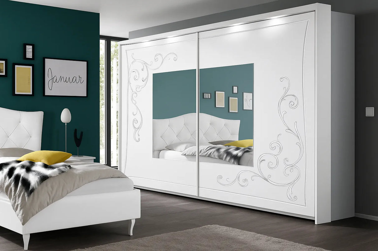 Camera da Letto Singapore Bianca con o senza contenitore, finitura bianco frassinato e serigrafia argento – Europa Mobili