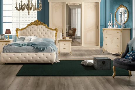 Camera da Letto siracusa patinato beige con letto contenitore e dettagli dorati – Europa Mobili