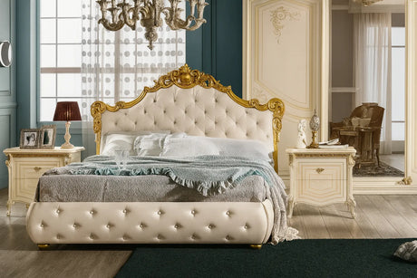 Camera da Letto siracusa patinato beige con letto contenitore e dettagli dorati – Europa Mobili