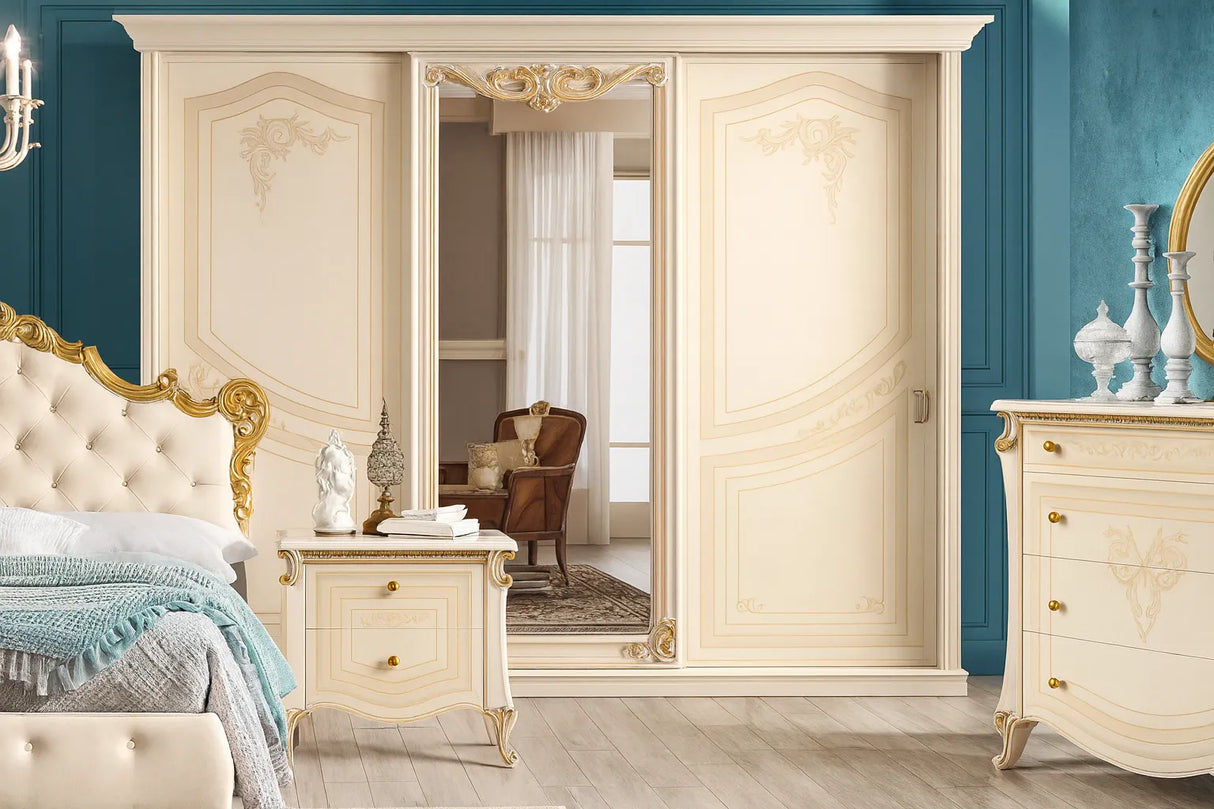 Camera da Letto siracusa patinato beige con letto contenitore e dettagli dorati – Europa Mobili