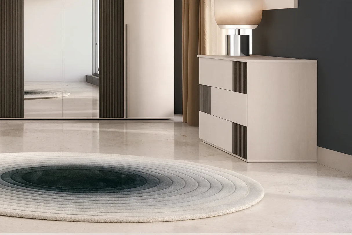 Camera da letto moderna Siviglia con letto contenitore e armadio battente in finitura calce e canettato