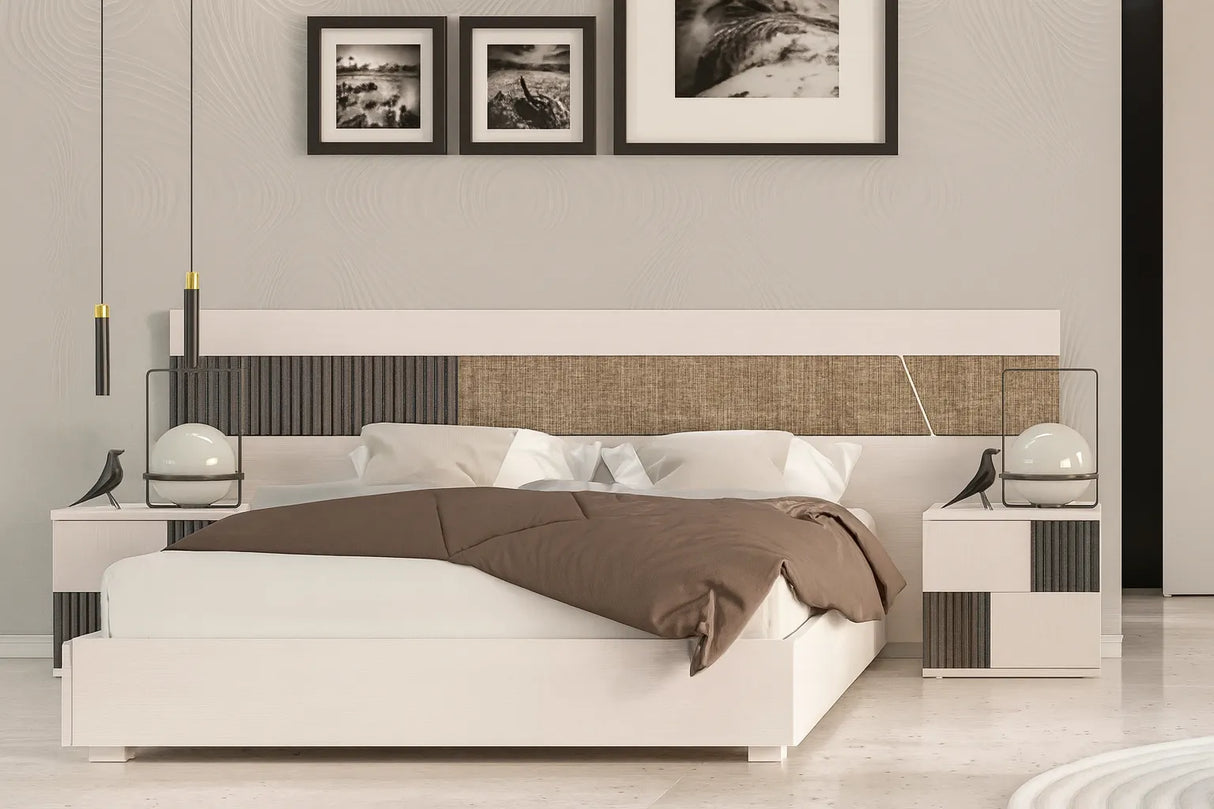 Camera da letto moderna Siviglia con letto contenitore e armadio battente in finitura calce e canettato