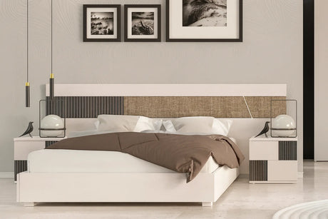 Camera da letto moderna Siviglia con letto contenitore e armadio battente in finitura calce e canettato