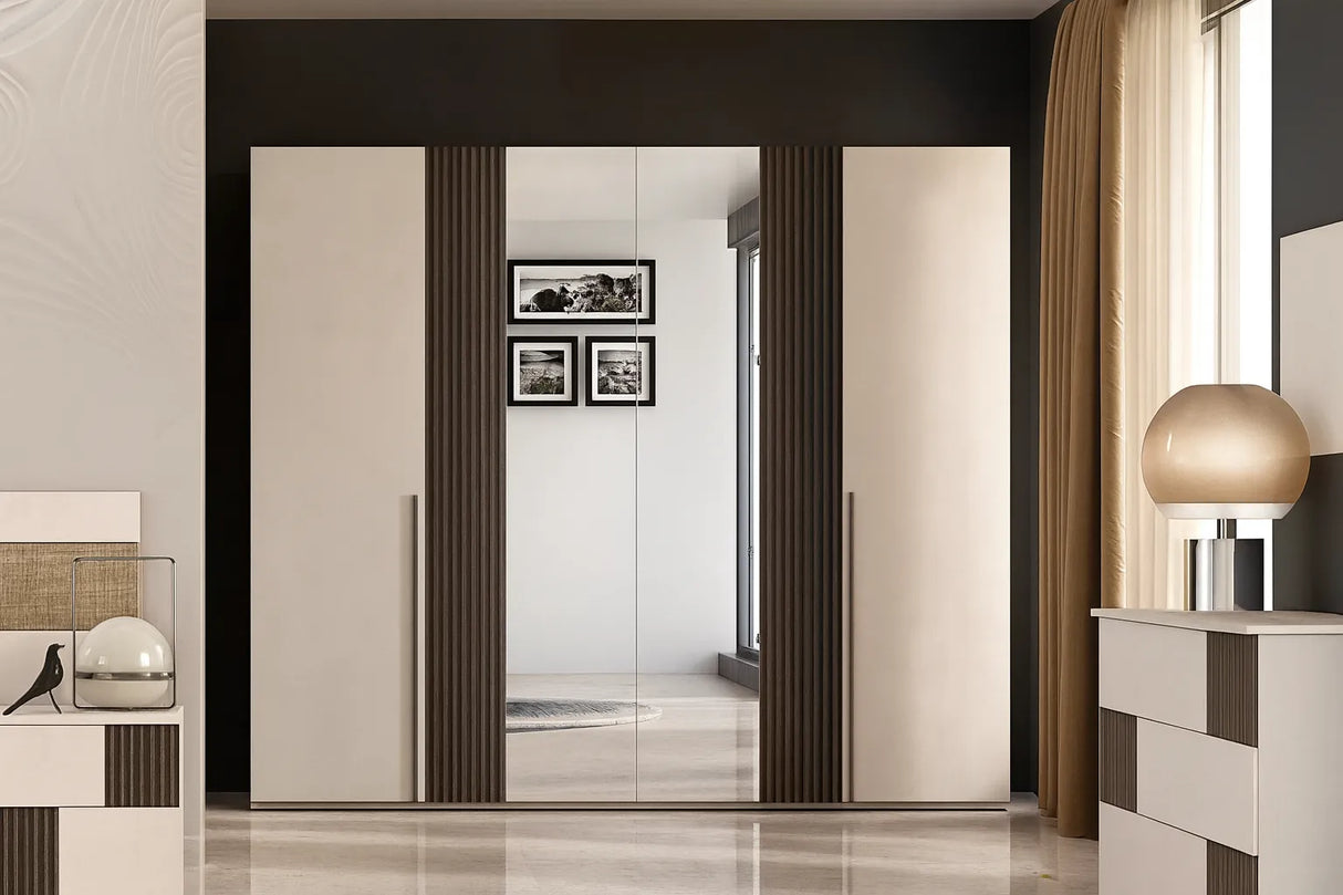 Camera da letto moderna Siviglia con letto contenitore e armadio battente in finitura calce e canettato