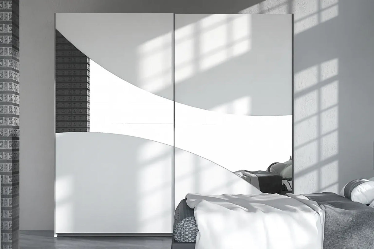 Camera da letto moderna Stoccolma con letto contenitore e armadio scorrevole bianco laccato opaco