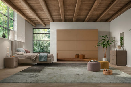 Camera da letto moderna Valencia con letto contenitore e armadio scorrevole bronzo con specchi bronzati