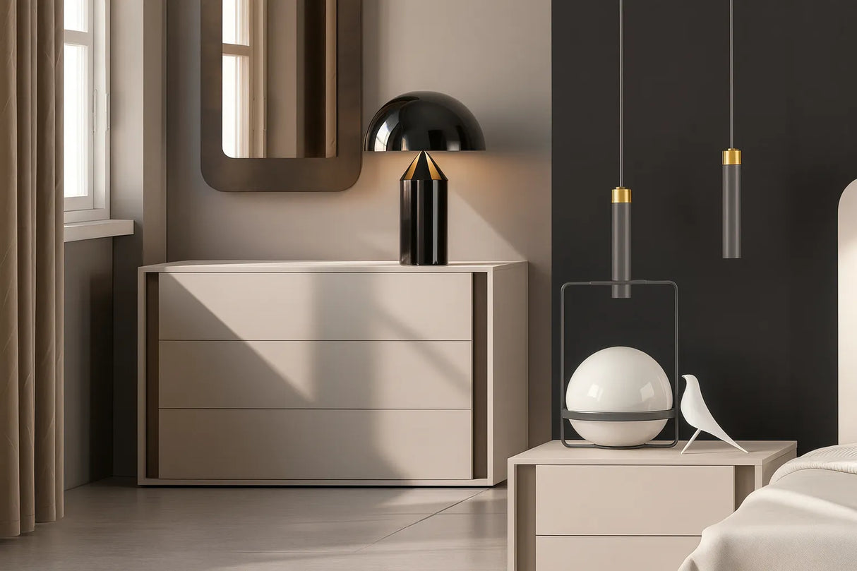 Camera da letto moderna Verona con letto contenitore e armadio scorrevole finitura cachemire e nuvola