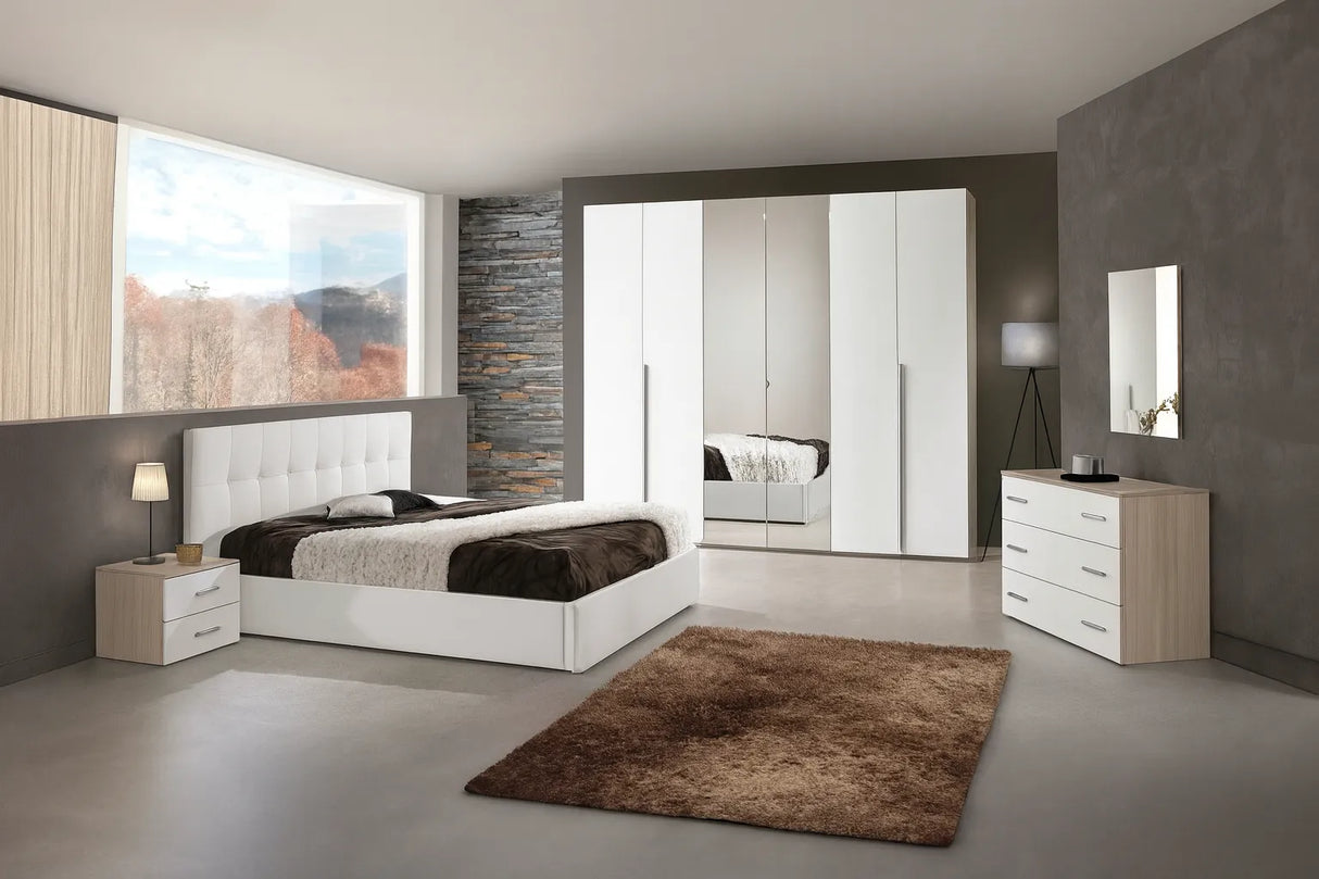 Camera da Letto Zurigo con contenitore, finitura olmo e bianco lucido, armadio con specchi – Europa Mobili