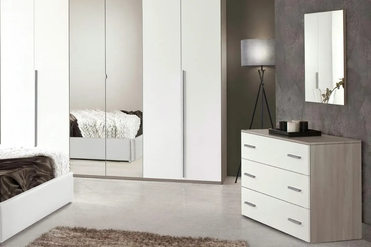 Camera da Letto Zurigo con contenitore, finitura olmo e bianco lucido, armadio con specchi – Europa Mobili